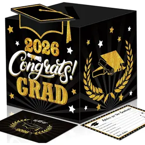 Graduation Wish Cards with Black and Gold Card Holder Box - 36PCS Class Of 2026 Advice Cards and 2026 Congrats Grad Card Box for Graduation Party Supplies Decoration