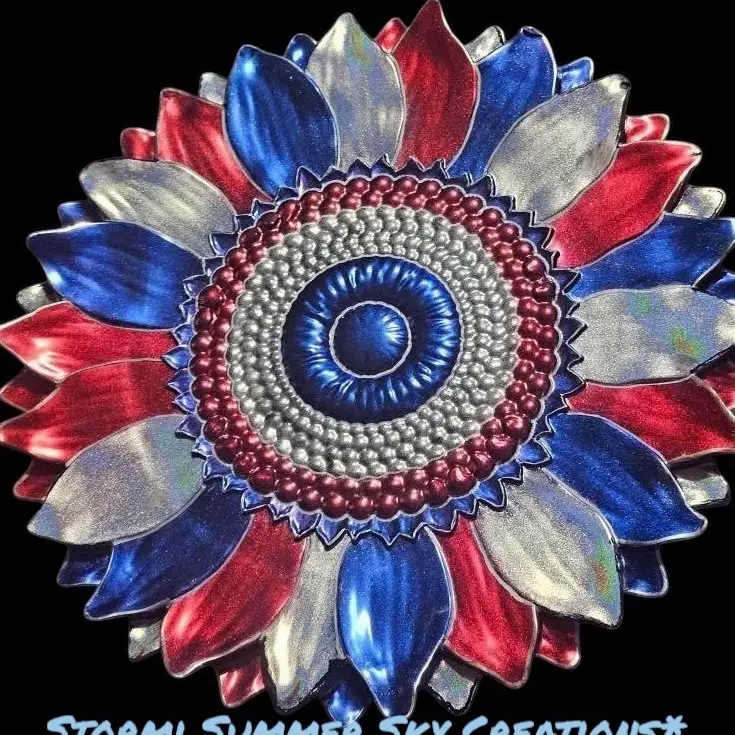 Stormy Summer Sky Creations Large Epoxy Resin Sunflower Decoration Red Blue & Silver Colorful Floral Artwork