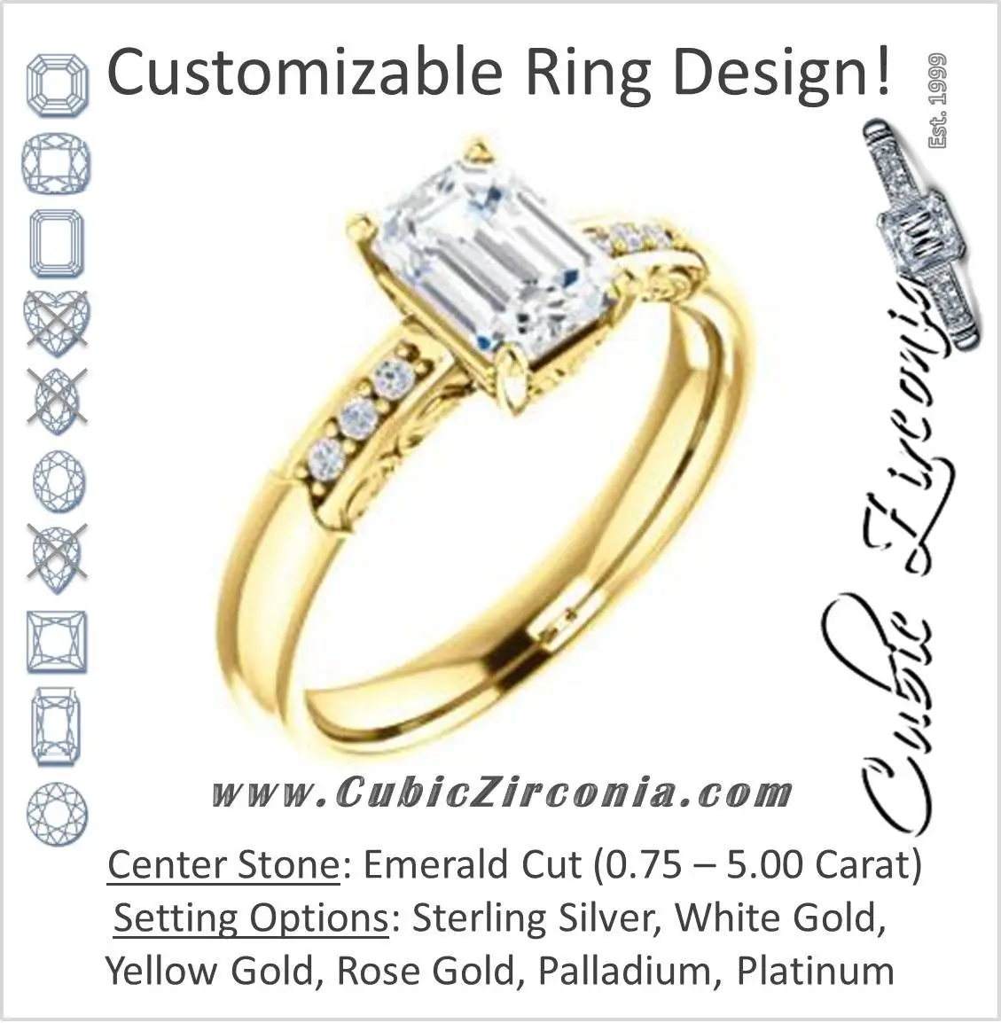 Cubic Zirconia Engagement Ring- The Migdala (Customizable 7-stone Emerald Cut Design with Round Channel Accents & Decorative Filigree)