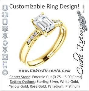 Cubic Zirconia Engagement Ring- The Migdala (Customizable 7-stone Emerald Cut Design with Round Channel Accents & Decorative Filigree)