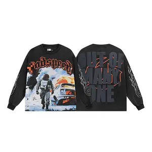 25SS Vintage Washed Black Skull Rock Graphic Long Sleeve Tee – Unisex Retro Street Basketball Style