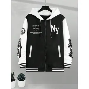 Men's Plus Size Preppy Style Letter Print Baseball Jacket, Long Sleeve Multi-Pocket Design, Casual Fall & Winter Outerwear