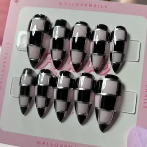 Checkered Press On Nails 3D Monochrome Y2k