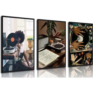 3Pcs Black Woman Art Poster Set African American Women Canvas Wall Art Funky Black Girl Record Music Posters Unframed for Modern Black Woman Bedroom Home Decoration