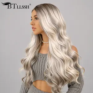 [Blend] 26 Inches Ombre Highlight Blonde Lace Front Wig Preplucked Hair Line Blend Human Hair Wigs Long Wavy for Women Natural Scalp Wig Hd Wig