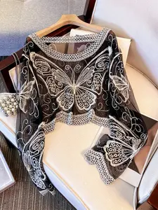 Boho Women's Beach Cover-Up Mesh Embroidered Hollow Out Thin Sun Protection Top Swimwear Cover Up Casual Round Neck Pullover Sweater Beach Cover Ups