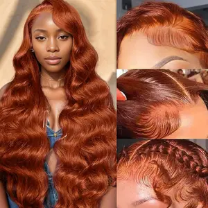 13x6 HD Reddish Brown Lace Front Wigs Human Hair Auburn Colored Body Wave Frontal Wigs for Women 180 Density Copper Red Glueless Body Wave Lace Front Wig Pre Plucked Baby Hair Fluffy Wave Wig Deep Wavy Hair