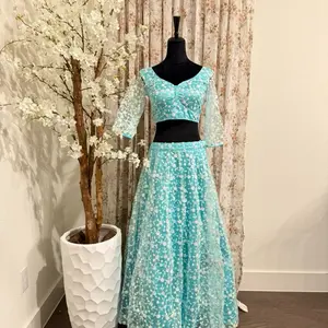 Sky Color Net Lehenga Set - Aqua Blue Floral Design Top & Skirt Ensemble