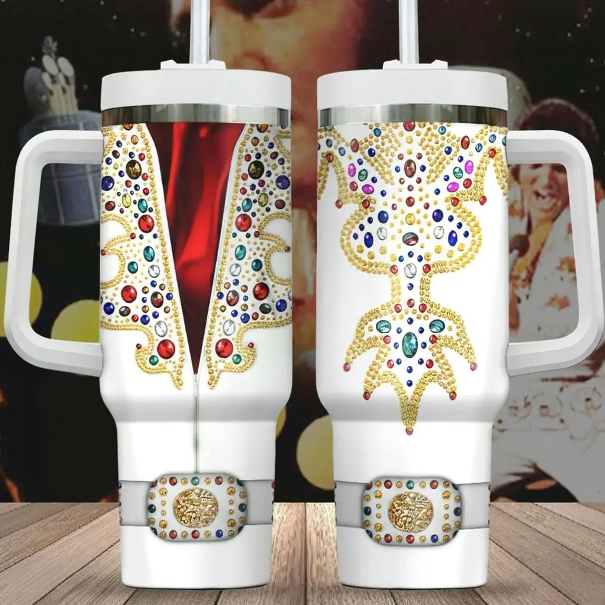 Elvis Presley 40oz Tumbler with Handle - King of Rock 'n' Roll Jumpsuit Design - Retro 70s Legend Aesthetic 40 oz Stainless Steel Cup with Straw - Gift for Elvis Fans & Collectors - Rockabilly Merch