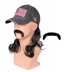 Medium Black Wavy 80s Mullet Hat Wig with Mustache for 4th of July Cosplay Party and Halloween