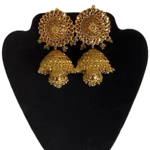 Desi Double Layered Gold Jhumkas with Ear Chain - Punjabi Traditional Style Earrings for Women