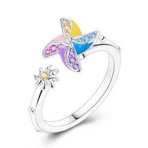 LAZA Spinning Pinwheel Ring | Silver, White Gold Plated, Zirconia & Enamel | Lucky Charm Design with Rotating Windmill | Perfect Gift for Positivity and Hope