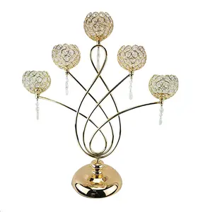 5 Arm Gold Crystal Beaded Candelabra - 24.5"