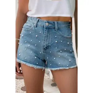 LDC Pearl Beaded Raw Hem Medium Wash Denim Shorts
