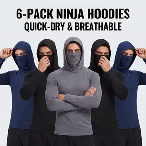 Set of 6 men’s hooded sweatshirts with a face mask design, made from high-elasticity, quick-drying, breathable fabric—ideal for outdoor fishing and running.