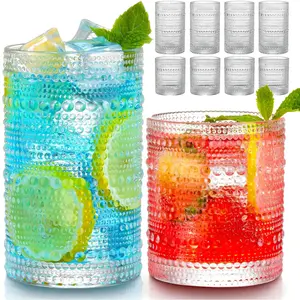 8Pcs Vintage Hobnail Drinking Glasses , 12oz Highball Glasses & 10oz Glasses Set, Kitchen Water Glasses Cup, Bar Tumbler Glassware Set for Beer, Juice, Milk Embossed Glass Tumblers Vintage Inspired Glassware Iced Coffee Cups Juice Glasses Set  11