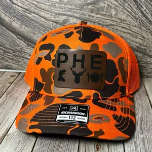 Richardson Original 112 Trucker Hat - Orange Camo with Brown leather Patch, Adjustable Design, Classic Style for Everyday Wear