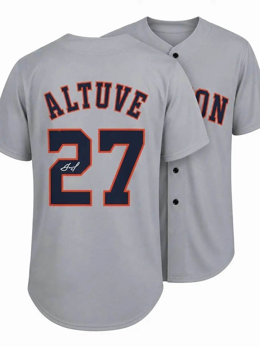 All-over Print Baseball Jersey Without Piping, Gray Navy Orange Baseball Uniform, Altuve #27 Facsimile Autographed Sports Fan Jersey 8