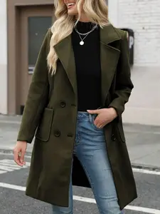 Women's Double Breasted Wool Blend Long Coat, Elegant Notched Collar Winter Overcoat