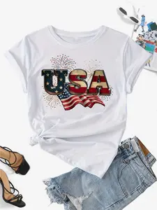American Flag Print Crew Neck T Shirt Casual Short Sleeve Top For Women Spring Summer Fashion White Tee