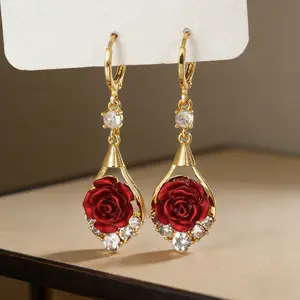 Red Rose Teardrop Earrings 14K Gold Plated Crystal Hypoallergenic Durable Romantic Velvet Rose Design Lightweight Comfortable Gift Ready Packaging Stainless Steel Dangle Nose Rings