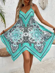 Boho Paisley Halter Dress, Women's Casual Loose Fit Sleeveless Spaghetti Strap Sundress, Irregular Hem, Vacation Style, Summer Fashion