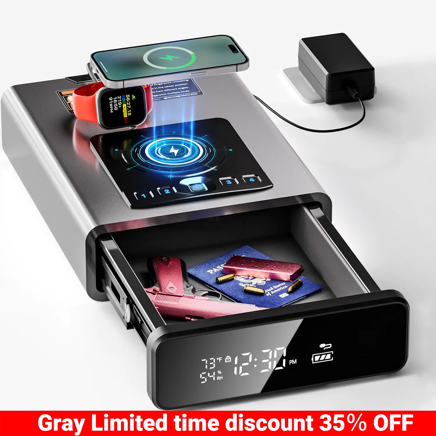Grimtron Biometric Safe with LED Clock (Doj Certified) with 2-in-1 Watch & Phone Wireless Charging, Backlit Keypad, LED Light, Desk Nightstand Auto Po