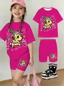 Summer Girls' Unicorn Cartoon Print Yoga Pants Set, Casual Fitted Two-Piece, Perfect for Daily Wear and Outdoor Activities