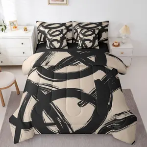 Feelyou 7-Piece Comforter Set - Bed in A Bag with Abstract Lines, Geometric Art, Minimalist Bedroom Design, Black Beige Ink Painting Aesthetic Quilt, Simple Cool Sheets, Machine Washable Multi-Size Bedding Set, Seven Pieces