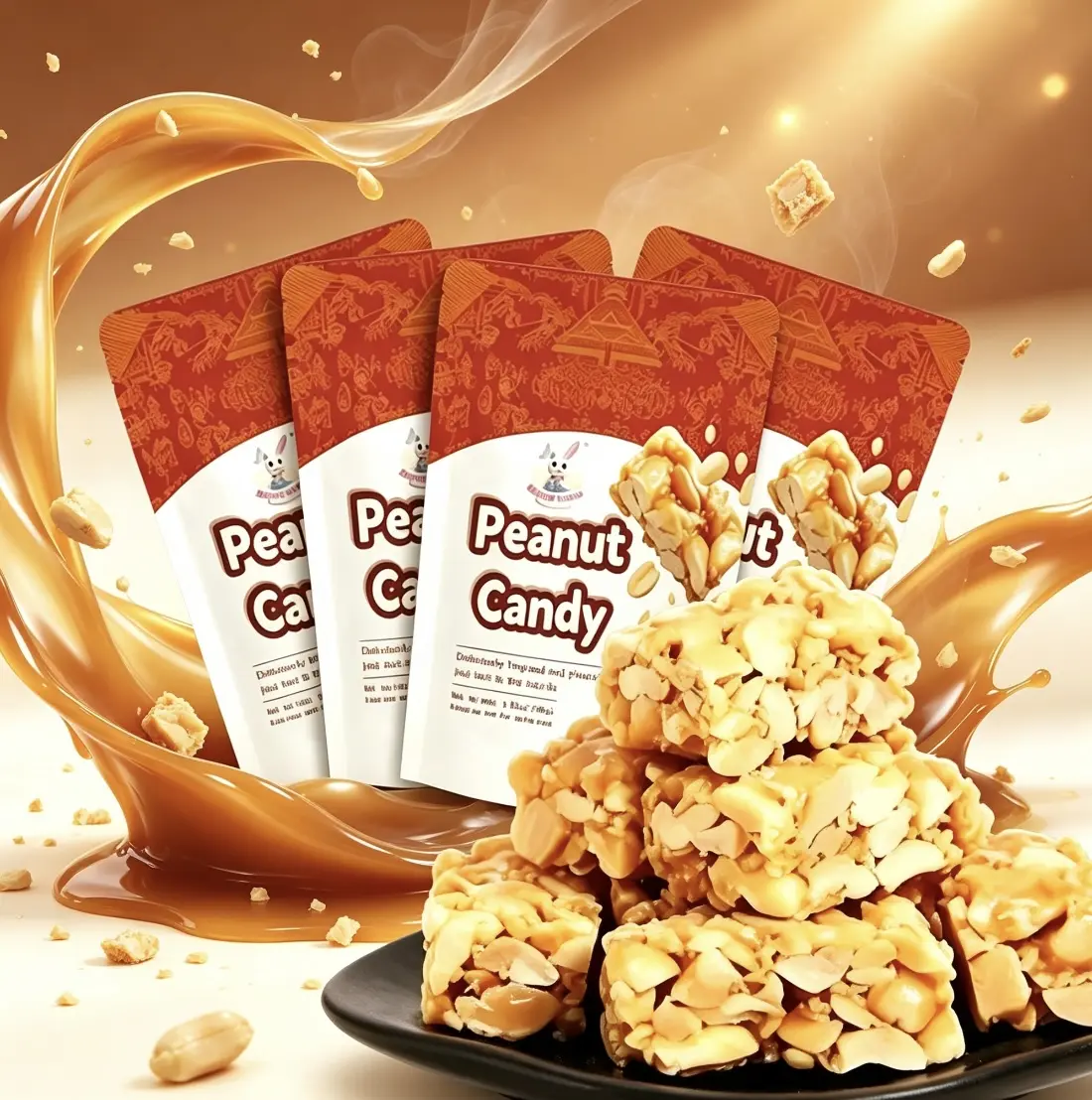 Certified Organic Asian Peanut Brittle Candies, 4-Pack Traditional Vegetarian Halal Crunchy Low Sodium Roasted Nuts Malt Sugar Squares, Individual-Wrap Trans-Fat Free 100g Bags, Portable Room Temp Snacks For Travel-Office, Made In China