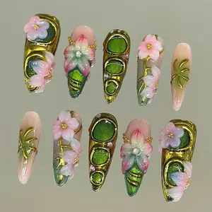 NailVesta JADE BLOSSOM – 100% Handcrafted 3D Press-On Nails | Reusable, Long-Lasting, Salon-Quality