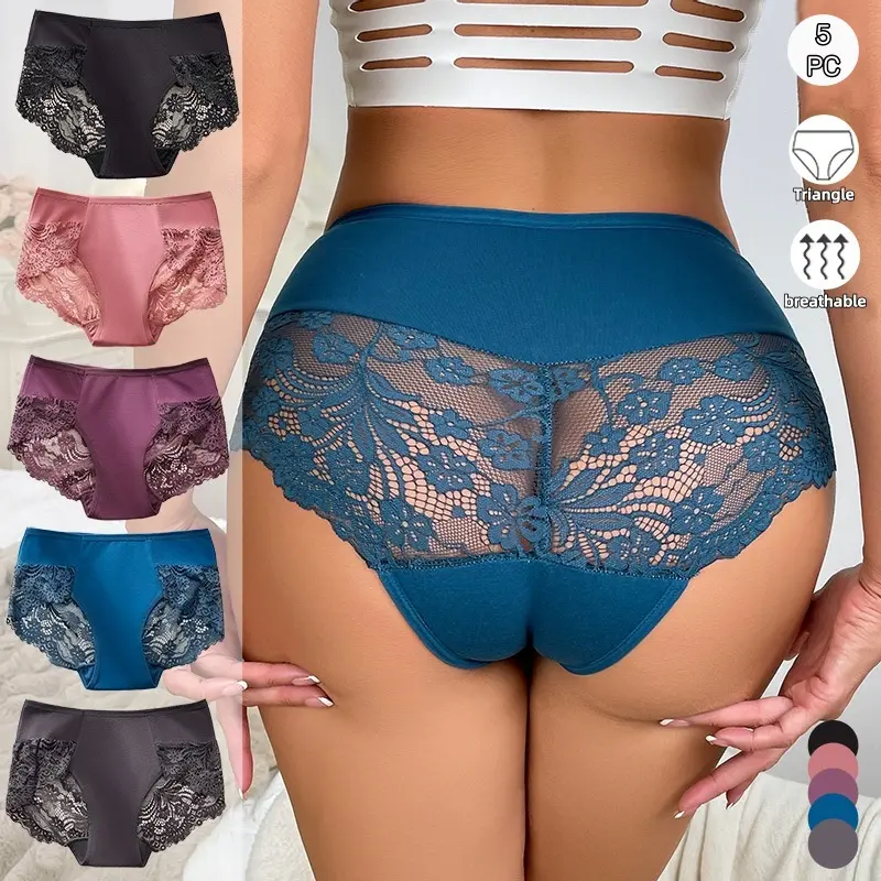 Women's 5-Pack Feminine Lace Panties, Soft Breathable Cotton-Spandex Stretch Underwear, Comfortable Fit for Daily All-Season Wear (TikTok Trending Lady's Underwear), Fabric, Basic, 5Pcs, Everyday