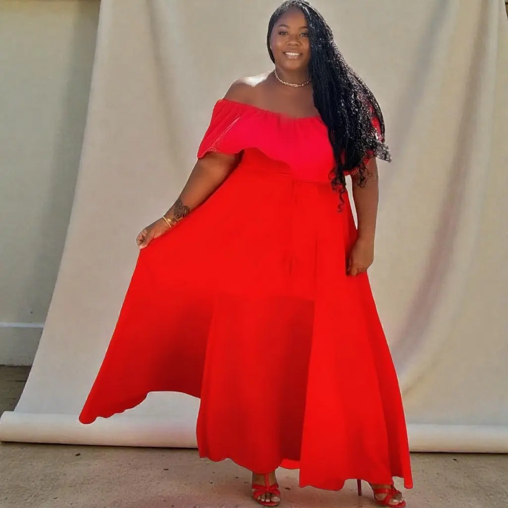 Women's Plus Size Poppy Red Lightweight Sheer Short-Sleeve Maxi Dress with Slit & Adjustable Fabric, Formal Bridal Occasion Wear, Women's Formal Dresses Accessories