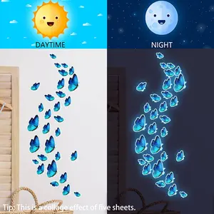 A set of five (15*15cm*5pcs) new blue series butterfly blue light wall stickers, switch stickers, living room and bedroom decorations, blue luminous wall decals, Wall Art Stickers, Decorative Stickers (YCL5967)