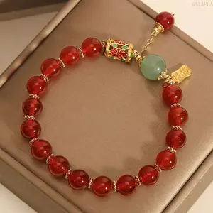 Unisex Lucky Red Agate Beaded Charm Bracelet Retro Synthetic Gemstone Stackable Wrist Jewelry Elegant Exquisite Accessory For Couple Friendship Daily Holiday Anniversary Gift