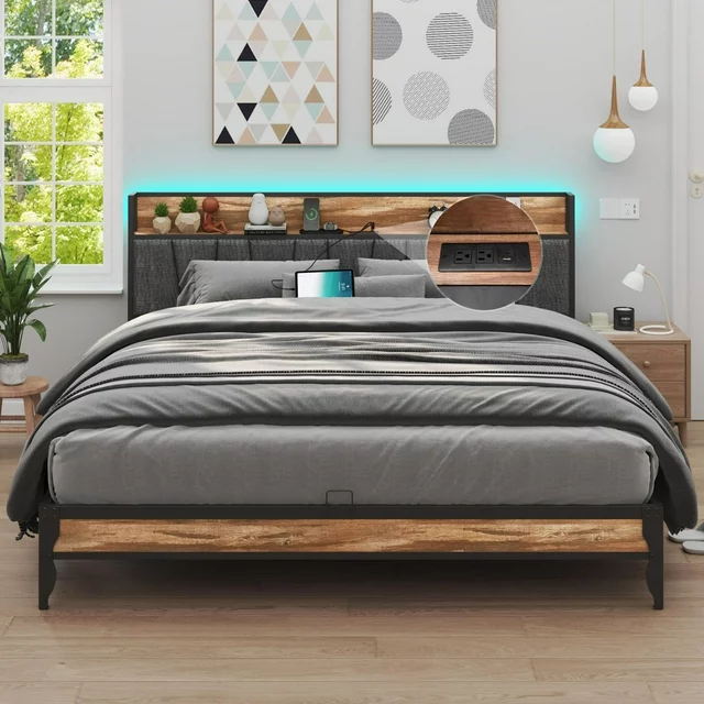 LED King Size Bed Frame with Outlets & USB/Type-C Port and Storage Headboard, Metal Platform Bed with Charging Station and for Bedroom(Brown #No Drawe