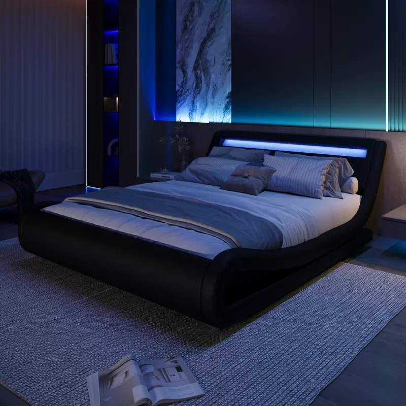 MUTICOR LED Lights Bed Frame with Faux Leather【Frame Only No Mattress】Sleigh Upholstered Low Platform Bed Frame Solid Wood Slats,No Box Spring Needed,