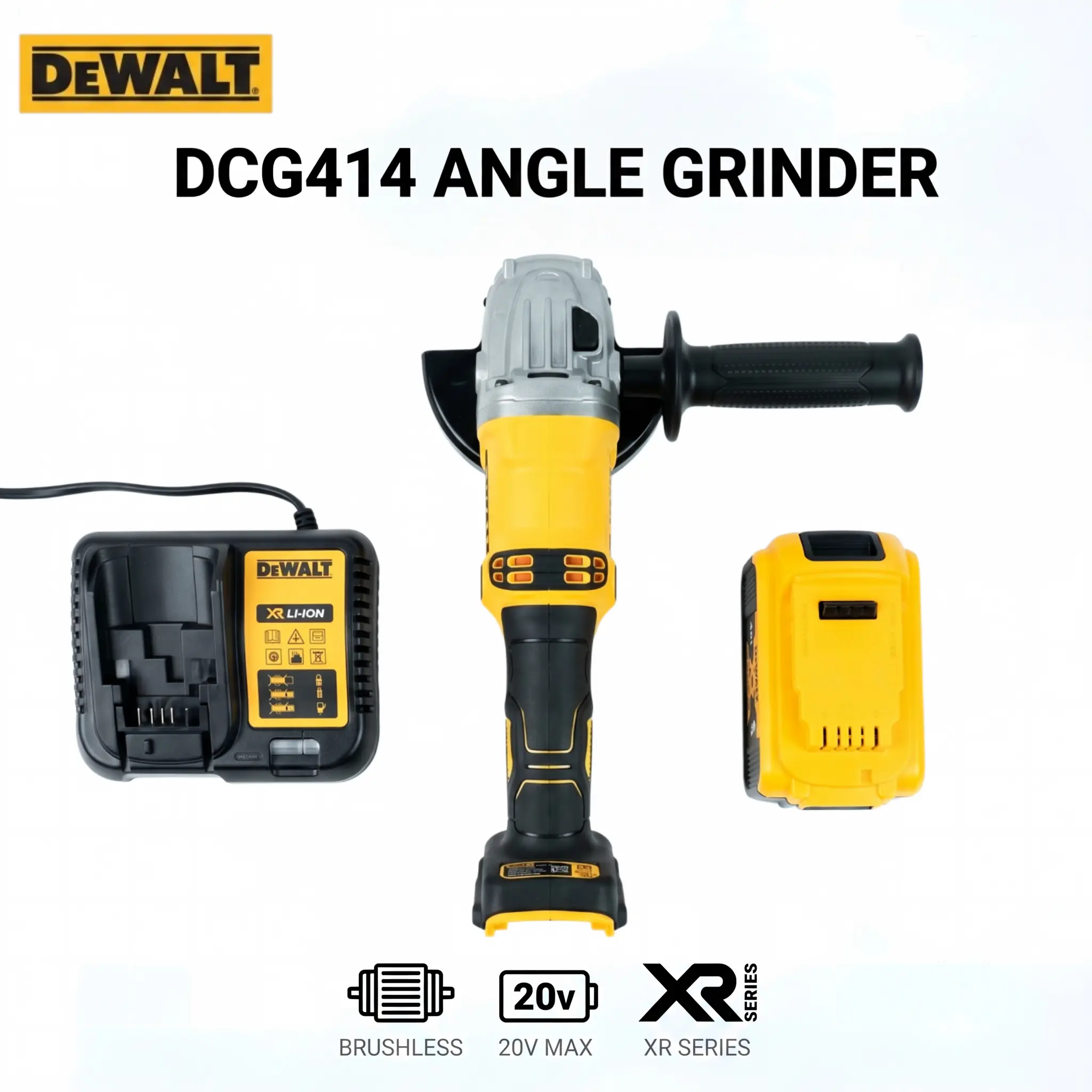 DEWALT DCG414 Electric Angle Grinder - M14 Spindle Thread, Triple Safety Protection, Built-In Cushioning Clutch, 115mm to 150mm Disc Sizes, Comfortable Handling, for Metal Cutting, Weld Polishing,Auto Body Repairers (Batteries Compatible) brushless impact
