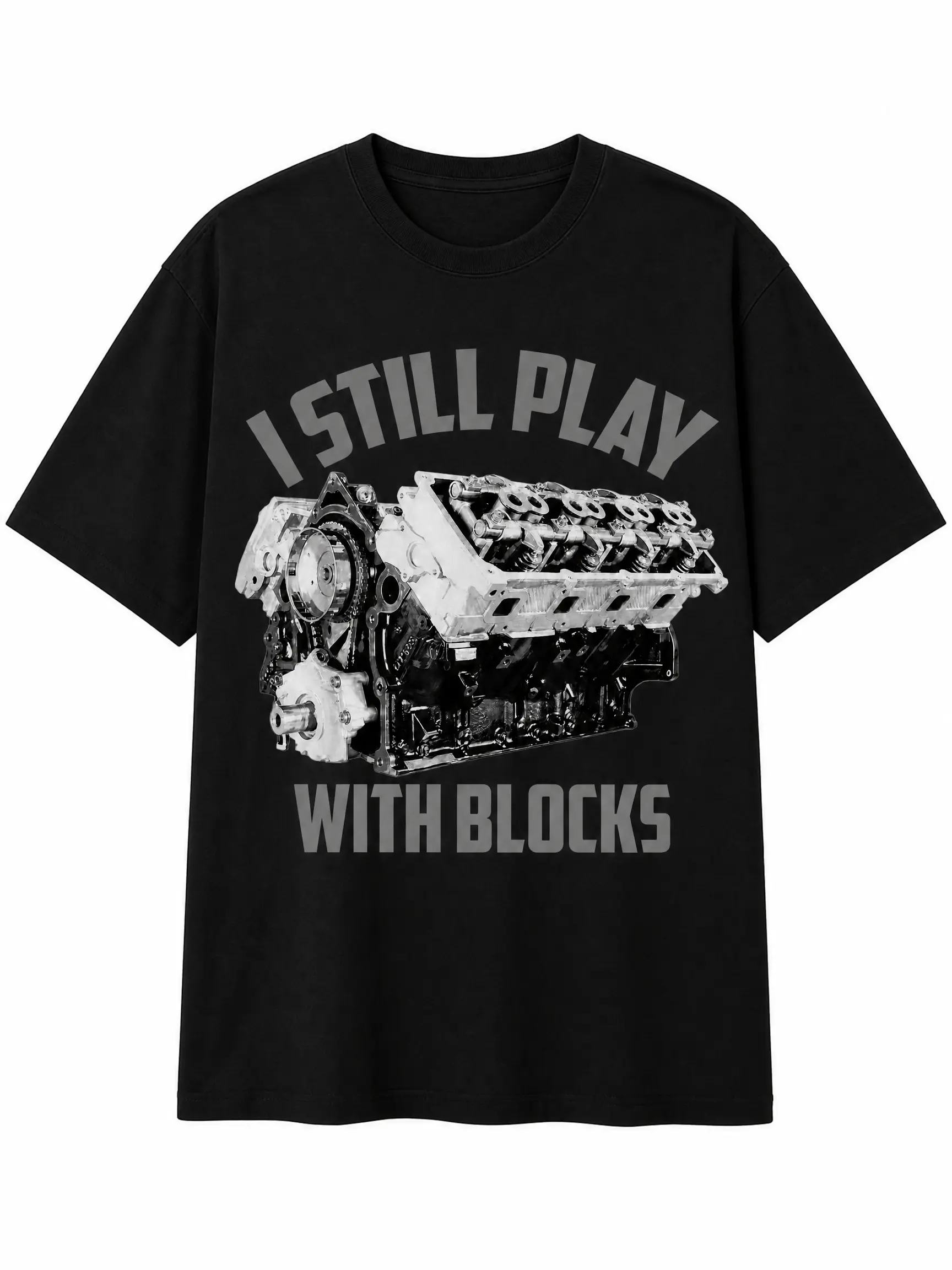 Men's Classic Cotton Round Neck Short-Sleeve Oversized T-Shirt - I Still Play With Blocks Engine Graphic, Loose-Fit Casual Streetwear Top with Matching Pants, Shortsleeve, Fabric Vintage Acid Washed African American Christmas Mom fitness heavyweight, Carg