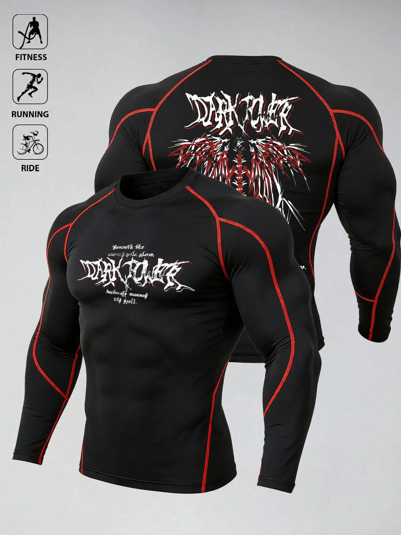 Men's Dark Aesthetic Compression Shirt, Quick Dry Moisture Wicking Long Sleeve Rash Guard with Gothic Graphic Print & Contrast Red Stitching, High Elastic Athletic Baselayer for Gym Workouts, Running, Cycling, Gym Apparel, Gymwear