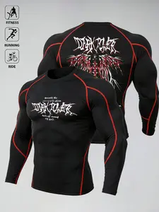 Men's Dark Aesthetic Compression Shirt, Quick Dry Moisture Wicking Long Sleeve Rash Guard with Gothic Graphic Print & Contrast Red Stitching, High Elastic Athletic Baselayer for Gym Workouts, Running, Cycling, Gym Apparel