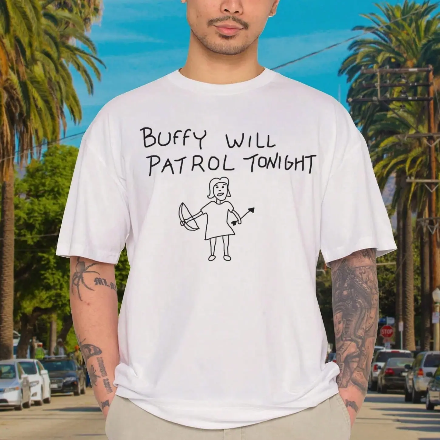 Buffy's Buffy Will Patrol Tonight Stick Figure Funny Quote White Graphic TShirt for Men Women Unisex Casual Short Sleeve Top