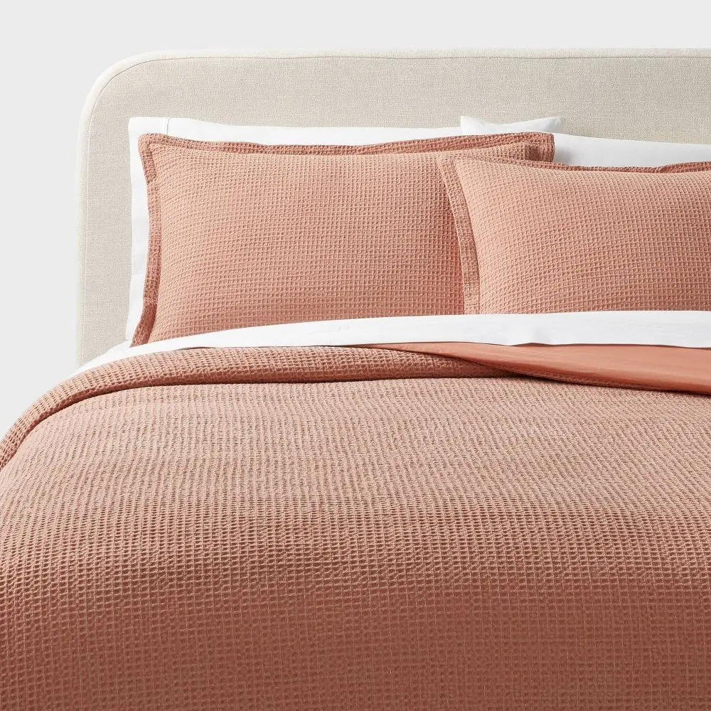 Full/Queen Washed Waffle Weave Duvet Cover and Sham Set Light Pink - Threshold: Cotton OEKO-TEX Certified 3-Piece