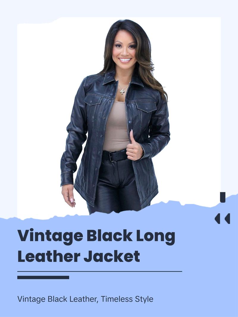 JAMIN LEATHER® Vintage Black Women's Long Leather Jean Jacket #LA2010LZK with Dual Concealed Pockets & Snap Front Collar - Coats