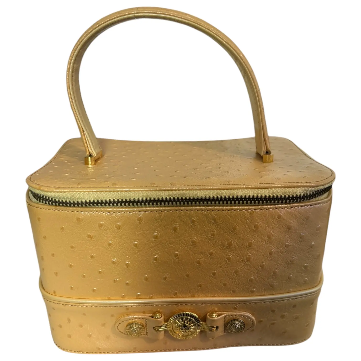 Pre-owned VERSACE Leather Tote Bags GIANNI Vintage Logo Sun Vanity Bag Yellow Gold Zip Mirror #1312