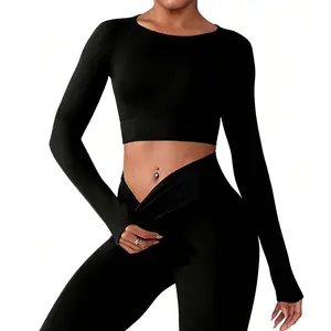 Womens Workout Sets 2 Piece Seamless Long Sleeve Crew Neck Crop Top Shirts Scrunch Butt Leggings Gym Yoga Outfits