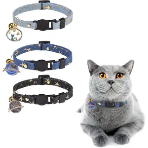 3 Pack Breakaway Cat Collars with Bell- Moon and Stars Pendant Cat Collar for Girl Boy Cats with Safety Buckle- Cute Kitten Collar Adjustable 8"-12" for Kitty Puppy Small Pets