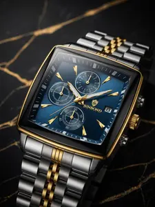 Binbond Men's Multifunctional Analog Quartz Watch, Blue Dial, Stainless Steel Strap, Waterproof, Quartz Movement, Casual Style, Perfect Gift for Him, Multifunctional Wristwatch Chronograph