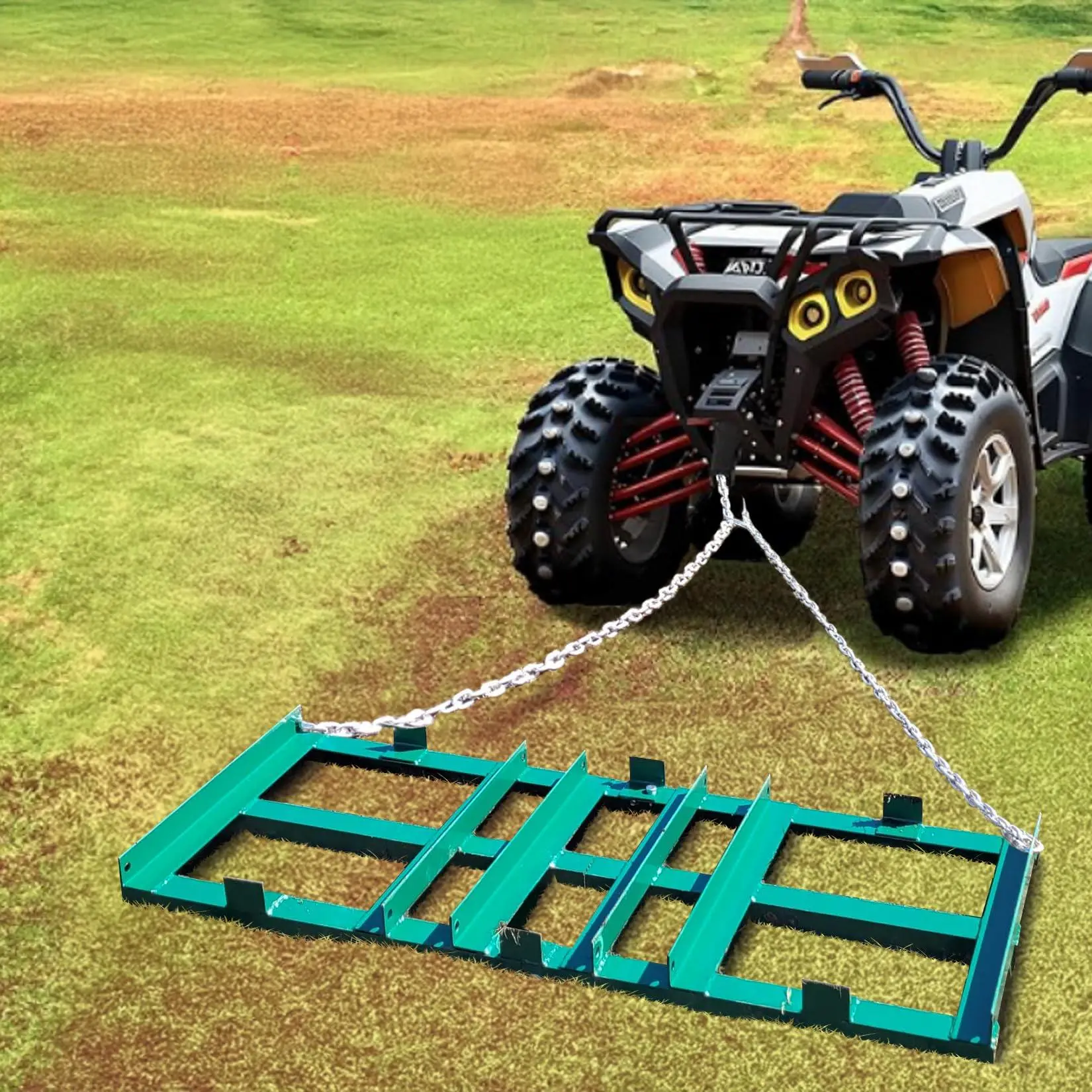 Lawn Leveler - 4 ft Steel Frame Drag Harrow, Quick-Attach Tow-Behind Tool for ATV/UTV, Heavy-Duty 6 ft Chain for Driveway & Yard Leveling
