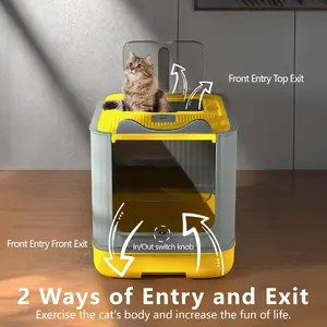 Fully Enclosed Cat Litter Box Enclosure, 17.72x13.78x4.49 Inches Premium Covered Cat Box with Lid, Anti-Splashing Easy to Clean Covered Kitty Litter Boxes, 3 Modes for Use(Yellow&Grey